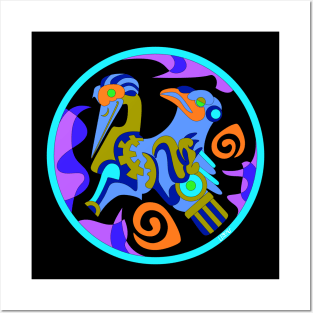 totonac birds in ancient mexican patterns ecopop floral glyph pictogram in blue Posters and Art